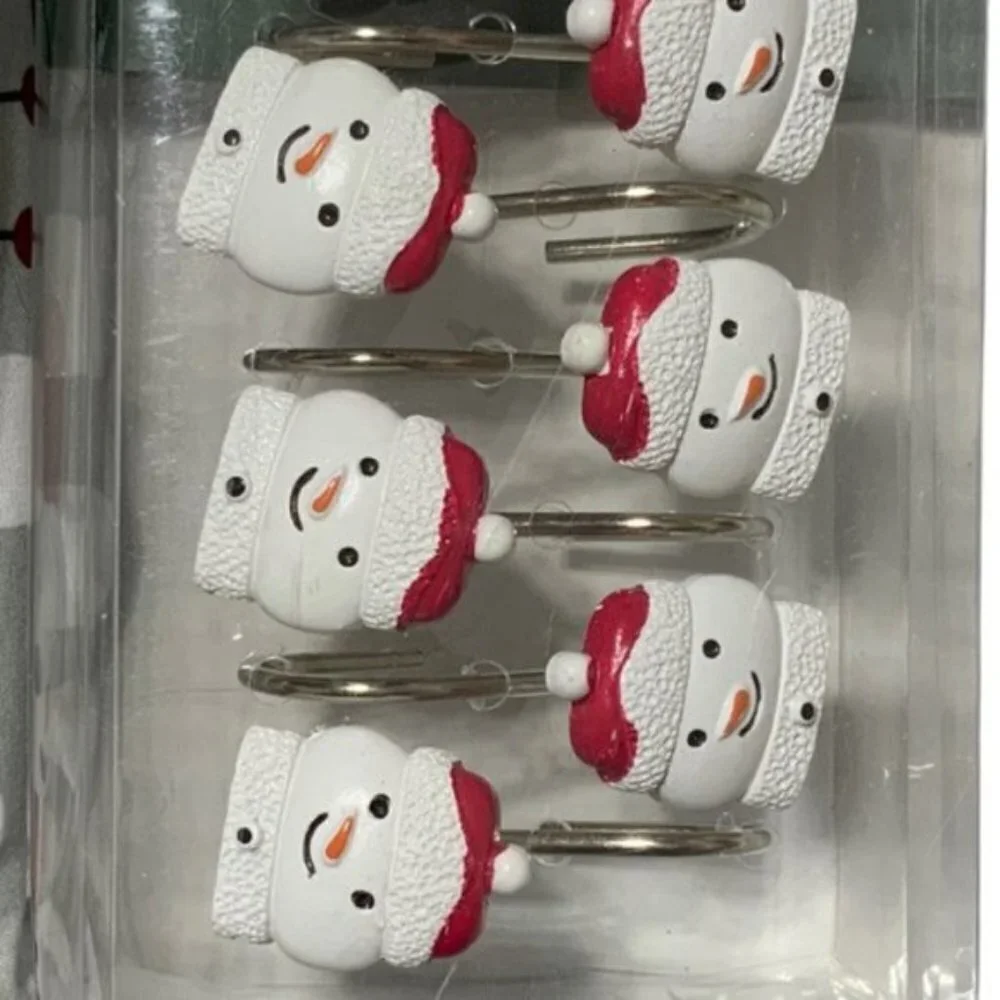 Christmas Bath Snowman Santa Fabric Shower Curtain 72 x 72 Hook Set Grey 13 PC